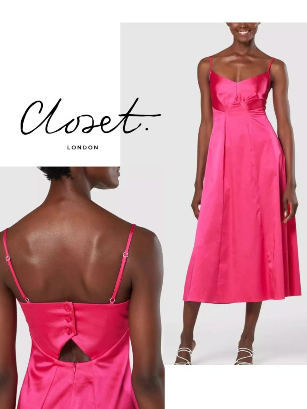 Closet London | Pink Cami Satin Midi Dress | US 8 / UK 12